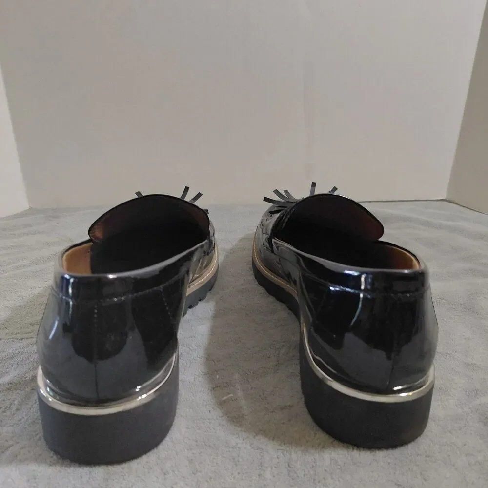 Franco Sarto Carolynn Tassel Loafers Womens 10M Patent Black Almond Toe Slip On